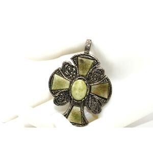 Vintage Silver Tone Cross Pendant Green Faux Stones 2.5 Inch